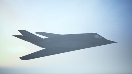 Naklejka na ściany i meble Stealth Fighter Jet Aircraft Flying Low Sunrise Sunset 3d illustration 3d render