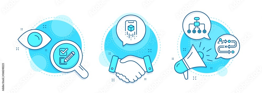 Poster augmented reality, journey path and restructuring line icons set. handshake deal, research and promo