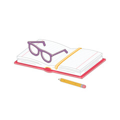 Open notebook lies on the table with glasses and a pencil. Vector illustration isolated on a white background