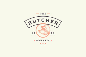 Hand drawn logo pig head silhouette and modern vintage typography retro style vector illustration