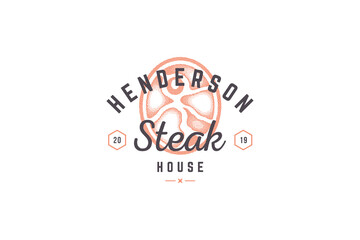 Hand drawn logo meat steak silhouette and modern vintage typography retro style vector illustration