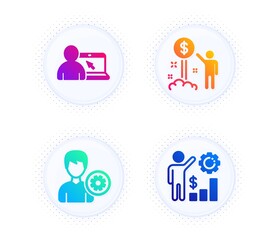 Online education, Support and Income money icons simple set. Button with halftone dots. Employees wealth sign. Internet lectures, Edit profile, Wealth. Results chart. People set. Vector
