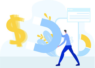 Business profit vector concept: Businessman pulling and attracting the big dollar sign with a huge magnet