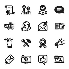Set of Technology icons, such as Open mail, Touchscreen gesture. Certificate, approved group, save planet. Settings, Engineering documentation, Friends chat. Like, Ab testing, 24h service. Vector