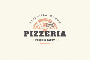 Hand drawn logo pizza slice silhouette and modern vintage typography retro style vector illustration