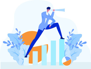 Business vision vector concept: businessman standing on ascending business chart while peeking distantly with the telescope