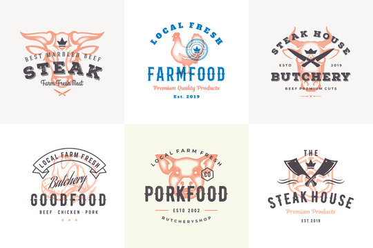 Hand drawn logos and labels farm animals with modern vintage typography hand drawn style set vector illustration