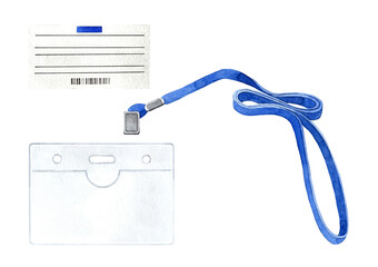Hand drawn watercolor illustration of plastic badge with blue lanyard. Template for presentation of their design. Isolated objects on white background.