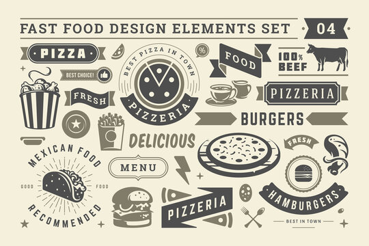Fast food and street signs and symbols with retro typographic design elements vector set for restaurant menu decoration
