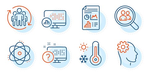 Online quiz, Weather thermometer and Report statistics signs. Report document, Atom and Search employees line icons set. Engineering, Teamwork symbols. Growth chart, Electron. Science set. Vector