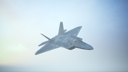Fototapeta na wymiar Fighter Jet Aircraft Flying Low Sunrise Sunset 3d illustration 3d render