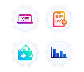 Web lectures, Report checklist and Wallet icons simple set. Button with halftone dots. Histogram sign. Online test, Sales growth file, Money payment. Economic trend. Education set. Vector