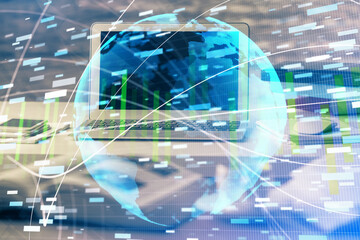 Multi exposure of business theme icons and table with computer background. Concept of success.