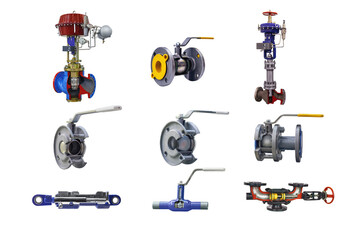 group of modern shut-off valves with automatic and manual control for a gas pipeline isolated on a white background. Lengthwise cut