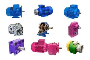 group of modern electric motors and powerful gearboxes in different designs isolated on white...