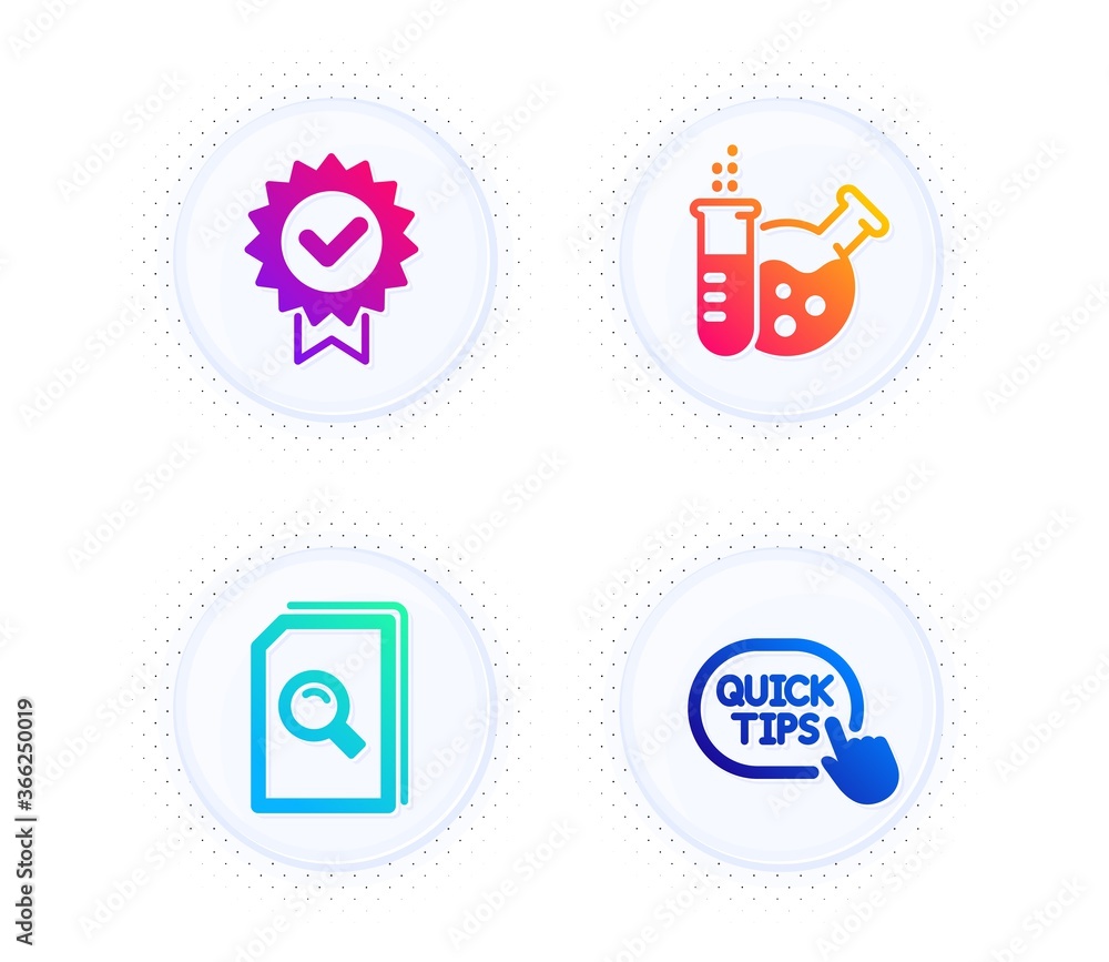 Poster certificate, search files and chemistry lab icons simple set. button with halftone dots. quick tips 