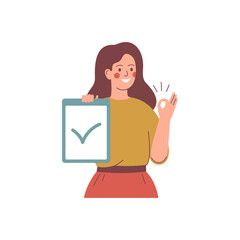 Young woman holds a placard with accept mark and raises her hand with sign ok. Presentation concept. Human character vector illustration.