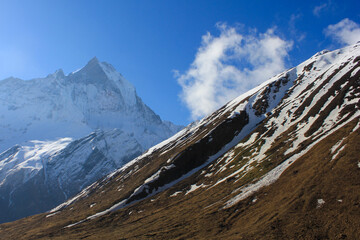 Machapuchare (Fishtail mountain) after sunrise in Nepal Himalays shot from Annapurna Base Camp
