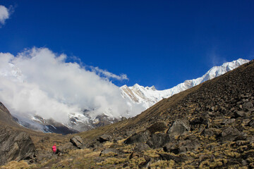 Annapurna Massif in Nepam Himalayas mountain range lit by the sun