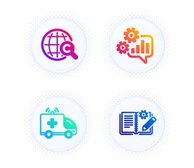 Ambulance car, International Ð¡opyright and Cogwheel icons simple set. Button with halftone dots. Engineering documentation, Emergency transport. Gradient flat ambulance car icon. Vector
