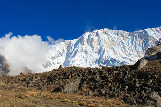 Annapurna South and Hiunchuli after sunrise shot from Annapurna Base Camp 