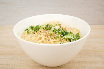 Meat broth ramen on white background