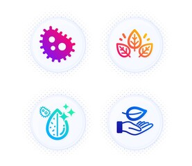 Organic tested, Bacteria and Dirty water icons simple set. Button with halftone dots. Leaf sign. Bio ingredients, Antibacterial, Aqua drop. Plant care. Nature set. Vector