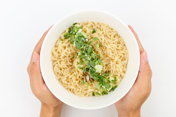 Meat broth ramen on white background