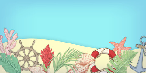 Beach background with tropical plants, shells and corals, nautical elements