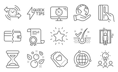 Set of Business icons, such as Timer, Love ticket. Diploma, ideas, save planet. Payment methods, Elevator, Anti-dandruff flakes. Quickstart guide, Clean bubbles, Rank star. Vector