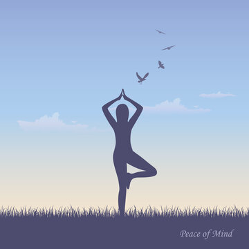 girl makes yoga on summer meadow vector illustration EPS10