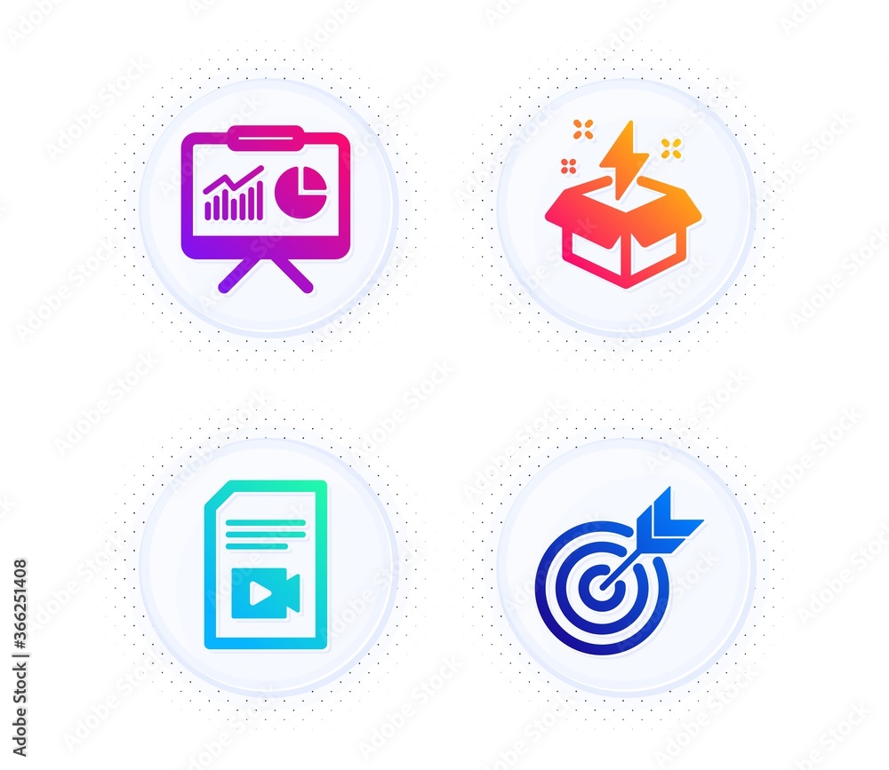 Aufkleber video file, presentation and creative idea icons simple set. button with halftone dots. target sign.