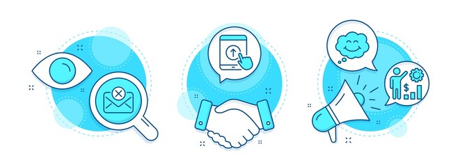 Reject mail, Swipe up and Employees wealth line icons set. Handshake deal, research and promotion complex icons. Smile sign. Delete letter, Scrolling screen, Results chart. Comic chat. Vector