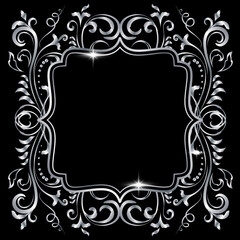 Silver shiny glowing ornate frame isolated over black
