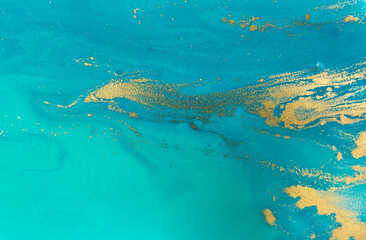 Aquamarine pattern with golden splashes on white background.