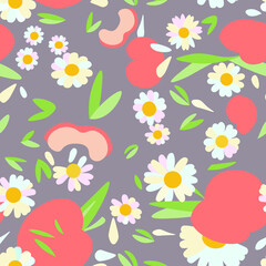 Vector seamless pattern. Pretty pattern in small chamomile flower  and peaches . Small white flowers. Pale grey background. Ditsy floral background. The elegant the template for fashion prints.