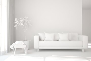 White room with sofa. Scandinavian interior design. 3D illustration