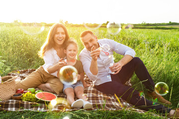 Lovely family playing together on a picnic in meadow