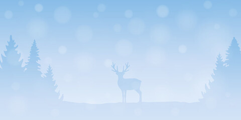 reindeer in snowy winter forest landscape bright banner vector illustration EPS10