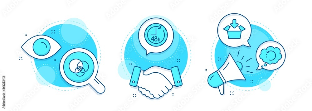 Poster recovery data, get box and euler diagram line icons set. handshake deal, research and promotion comp