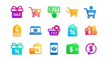 Gift, Percent sign and Sale discount. Shopping icons. Delivery classic icon set. Gradient patterns. Quality signs set. Vector