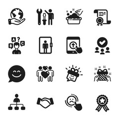 Set of People icons, such as Handshake, Smile chat. Certificate, approved group, save planet. Gift, Love couple, Dislike. Management, Elevator, Repairman. Hand washing, Quiz test, Smile. Vector