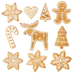 Fototapeta premium Watercolor set of Gingerbread Christmas cookies decorated icing. Holiday cookie in shape of Christmas Xmas tree, gingerbread man, moose, snowflakes, heart, lollipop isolated, on white background.