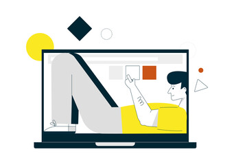 Vector linear character illustration of man lying inside laptop screen