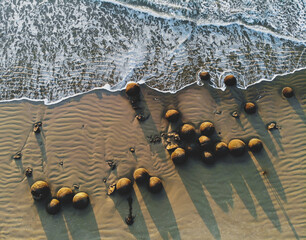 Moeraki Boulders at sunrise Aerial © Rachel