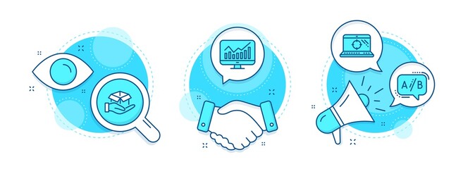 Seo laptop, Ab testing and Statistics line icons set. Handshake deal, research and promotion complex icons. Hold box sign. Search engine, Test chat, Financial report. Delivery parcel. Vector