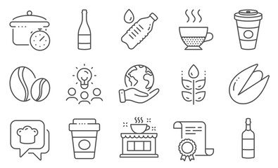 Set of Food and drink icons, such as Pistachio nut, Takeaway coffee. Diploma, ideas, save planet. Coffee beans, Doppio, Water bottle. Brandy bottle, Gluten free, Boiling pan. Vector