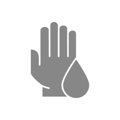 Hand with drop grey icon. Hygiene, cleaning supply, hand disinfection symbol
