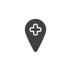 Hospital location placeholder vector icon. filled flat sign for mobile concept and web design. Map marker with medical cross glyph icon. Symbol, logo illustration. Vector graphics