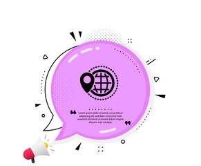 World travel icon. Quote speech bubble. Trip globe sign. Map location pointer symbol. Quotation marks. Classic world travel icon. Vector